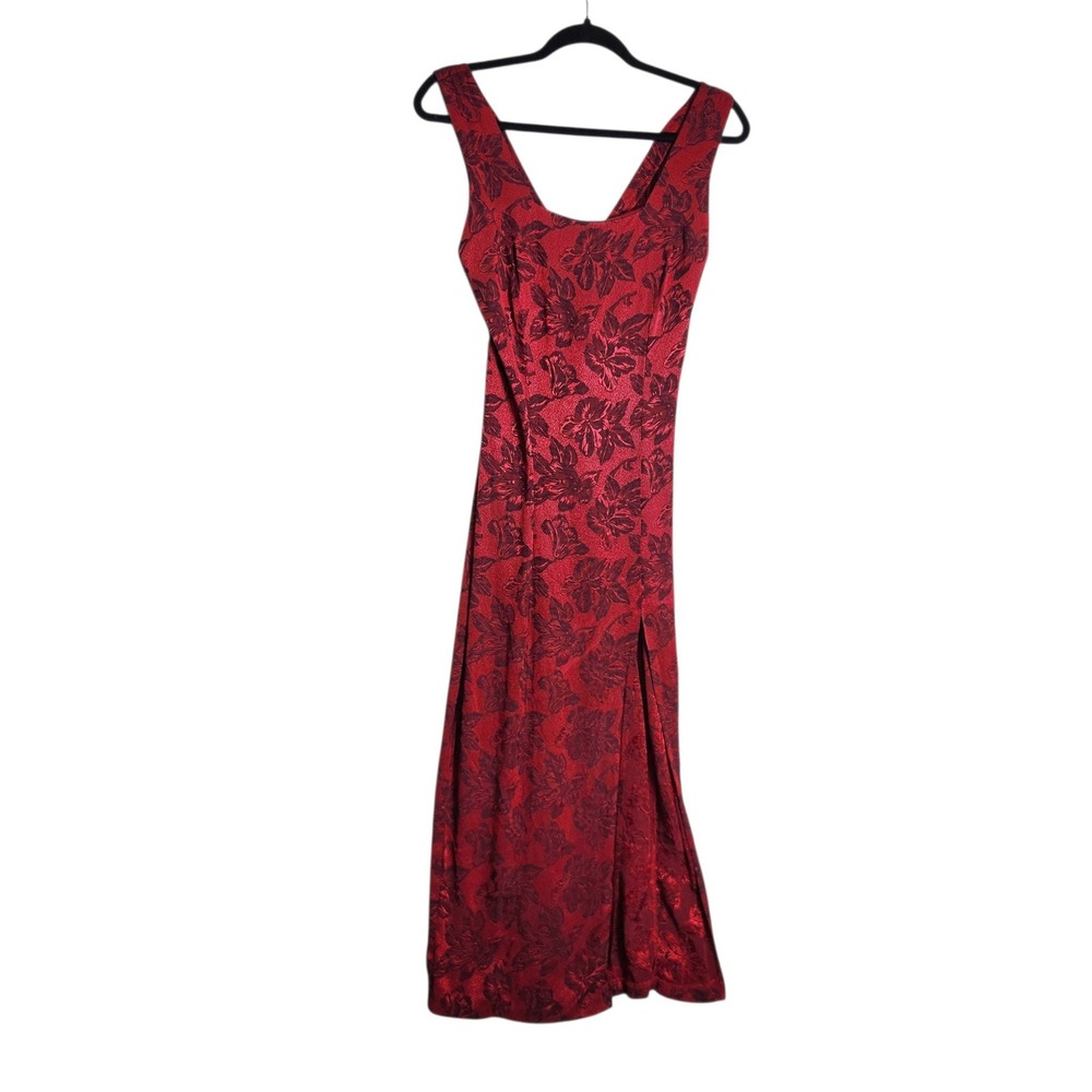 Jay Jacobs Vintage Red Floral Brocade Maxi Dress Criss Cross Back Side Slit